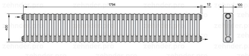 Схема (чертеж) Радиатор Zehnder Charleston 3040/39 №1670 Белый глянцевый RAL 9016